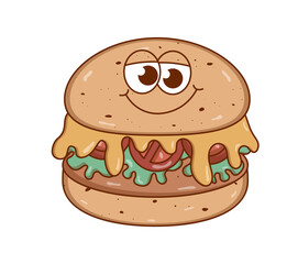 Retro groovy cartoon character Burger. Vintage mascot psychedelic smile. Retro colors. Flat style. Funky vector illustration