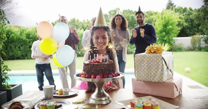 Birthday party, cake and child blow candles, flame and happy family applause to celebrate childhood event. Sparkler, dessert and home kid celebration, congratulations or cheers from clapping people