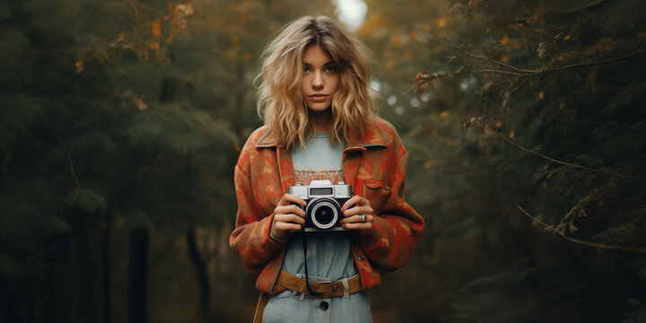 Hypster woman outdoor in the forest use a vintage analoge camera for takeing photos and posing between the woods