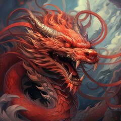 Red horned dragon among the clouds. Chinese New Year of the Wooden Dragon. Bright illustration in Asian style. For poster, banner, flyer, advertising - obrazy, fototapety, plakaty