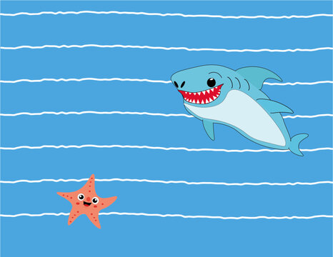 disegno stella marina e squalo con sfondo celeste e righe bianche per tovaglietta americana scherzosa e divertente  o borsa shopper o telo mare per bambini