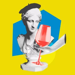 Fototapeten Antique statue bust in Parisian style beret and alcohol cocktail over bright background. Contemporary art collage. Concept of party, surrealism, alcohol drinks. Pop art. Noise, grainy effect © master1305