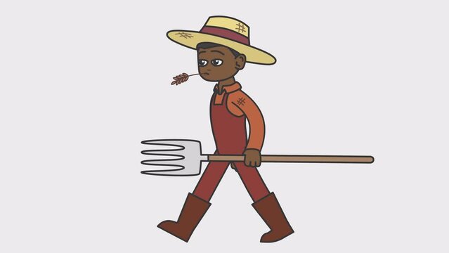 2d animation of walking black male farmer in a straw hat and with a straw in his mouth holding a pitchfork. Looped 4K video with alpha-channel.