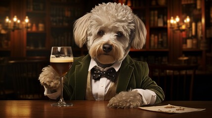 Anthropomorphic dog savoring a cigar and cognac in a dimly lit, vintage pub setting - obrazy, fototapety, plakaty