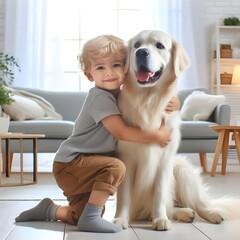 Happy young kid with dog, childhood and pet care concept
