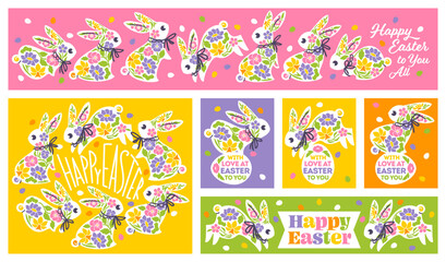 Easter greeting cards with cute rabbits and spring flowers. Set of elegant vector illustrations of playful bunnies with lovely colorful flowers and multicolored easter eggs