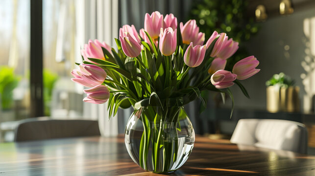 racimo de tulipanes rosas con decoraci&oacute;n