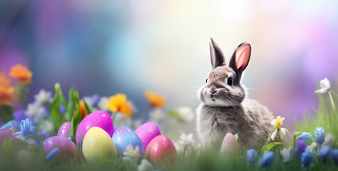 Fototapeta na wymiar Adorable bunny with easter eggs in a meadow with flowers
