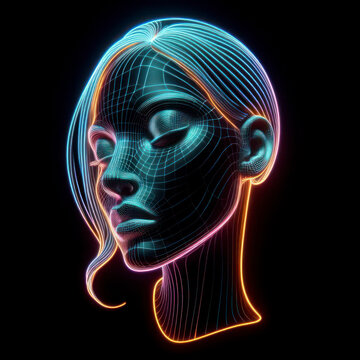 3D neon mannequin womans face on a black background. ai generative