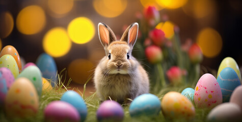 Adorable cute rabbit with easter eggs on a dark bokeh background