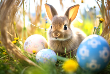 Cute little bunny in a meadow with colorful easter eggs