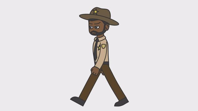 2d animation of walking black male sheriff with a beard. Looped 4K video with alpha-channel.