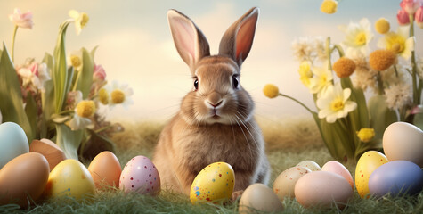 Fototapeta na wymiar Adorable cute rabbit with easter eggs in meadow with flowers