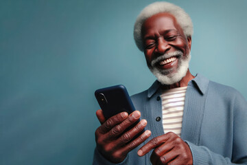 An elderly black man smiling and laughing with his phone against a colored background. ai generative - obrazy, fototapety, plakaty