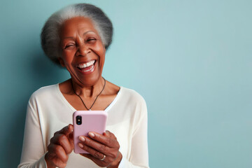An elderly black woman smiling and laughing with her phone against a colored background. ai generative - obrazy, fototapety, plakaty