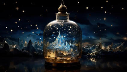Magic crystal bottle with magic landscape on the background