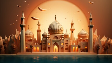 Mosque with moon. Ramadan Kareem background
