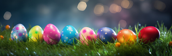Colorful easter eggs in a flowery meadow - banner