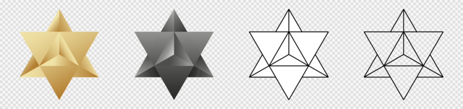 Merkaba golden star. Black and stroke line Merkabah tetrahedron david star