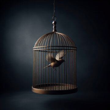Bird cage empty, bird escape, freedom concept on dark background. ai generative