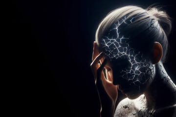 Cracked female head. Headache concept. Stress concept on solid black background glow rim light. ai generative - obrazy, fototapety, plakaty