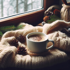 Cup of coffee and knitted sweater on the window age with winter scene outside. ai generative