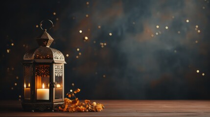 Lantern with burning candle on wooden table. Ramadan Kareem background