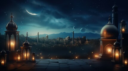 Ramadan Kareem background with arabic lanterns and mosque - obrazy, fototapety, plakaty