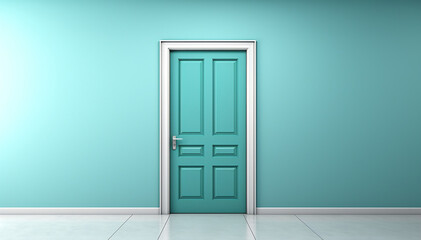 Wood door isolated on blue background. Wooden door closeup. Doors production business concept. Modern classic stylish door for interior design. Copy space. Banner