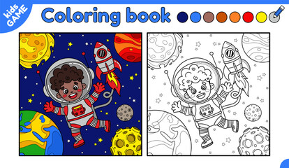 Page of the kids coloring book. Color the astronaut african boy in space. Cartoon spaceman with spaceship on the background planet Earth, Moon, Sun, stars. Activity for children. Vector outline design