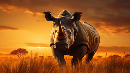 Power full African rhino in the savanna at sunset