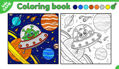Page of kids coloring book. Color the alien in flying saucer. Cartoon UFO. Cute extraterrestrial in space on the background planets, stars, comets. Activity book for children. Vector outline design.