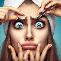 Girl plucking eyebrows with tweezers with a strange face on a blue background. ai generative - obrazy, fototapety, plakaty