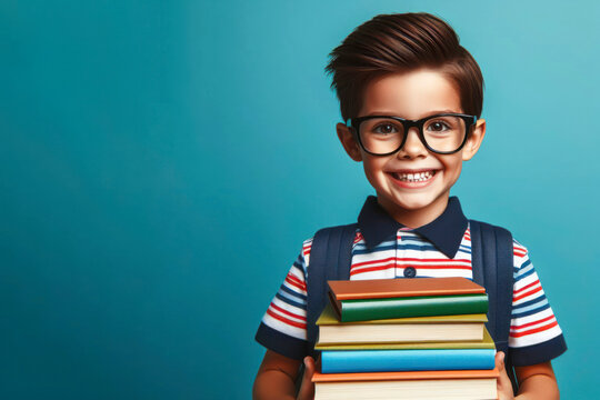 funny smiling child school boy with glasses hold books on color background. ai generative
