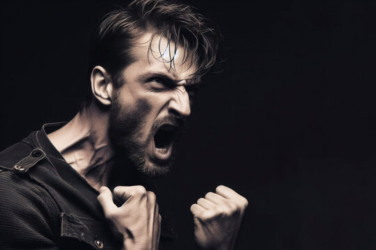 Furious angry violent man on solid black background. ai generative
