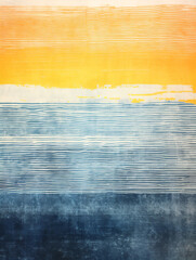 An abstract artwork with textured layers of yellow, white, and blue resembling a serene seascape