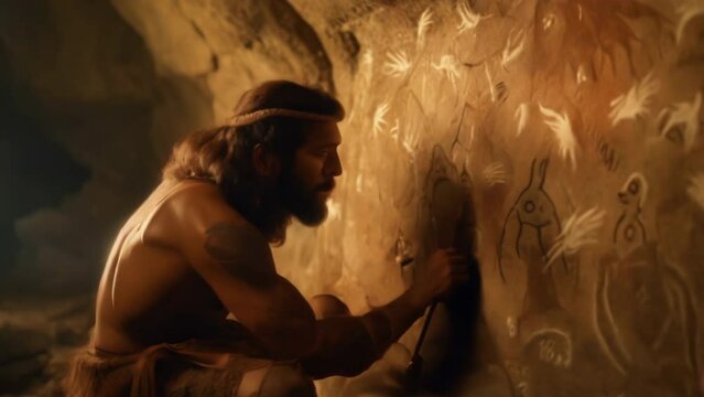 Primeval Caveman Wearing Animal Skin Standing in His Cave At Night, Hold paint brush Looking at Drawings on the Walls. Cave Art with Petroglyphs, Rock Paintings. Stone age person. Old ancient art.