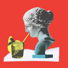 Antique statue bust sipping mojito cocktail over red background. Refreshment. Contemporary art...