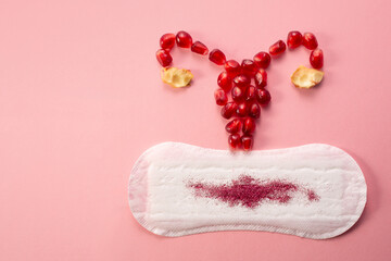 Feminine hygiene pad with and uterus made of pomegranatered. First menstrual period concept on pink background