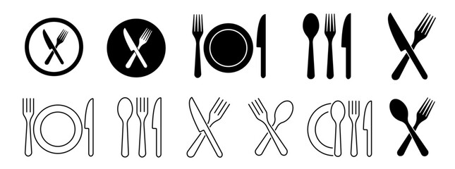 Silverware icons. Fork, knife, plate and spoon. Menu symbol. Black silverware icon. Vector illustration. - obrazy, fototapety, plakaty
