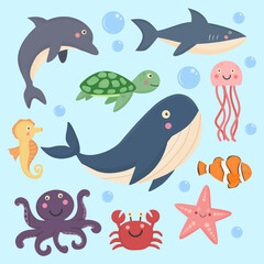 Set of animals sea elements, animals sea collection 