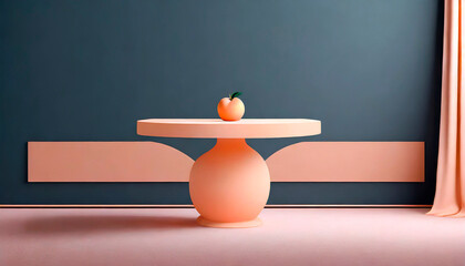 A table with a peach on it. Background for minimal placement featuring a black plaster wall and peach colored table and floor. An elegant interior architectural design for a mockup of a product.