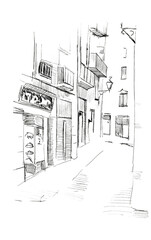 Sketch of a street in the old town. Black pen illustration, isolated on white background bridge