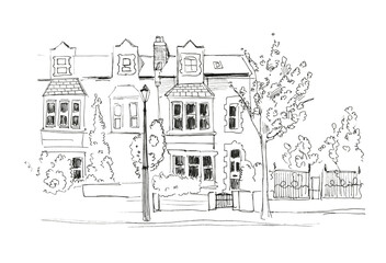 Sketch of a street in the old town. Black pen illustration, isolated on white background bridge