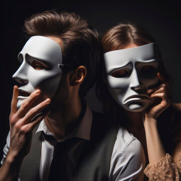 Man and woman with Comedy and tragedy masks on solid black background rim and atmosphere light. ai generative