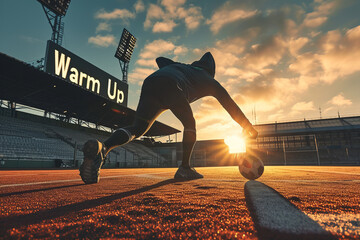 Warm-up concept image with a sportsman on his warmup in an empty stadium and sign with written words Warm Up