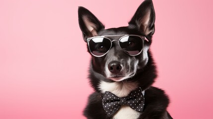 Dapper dog in sunglasses and suit, isolated on pink background with text space on the left