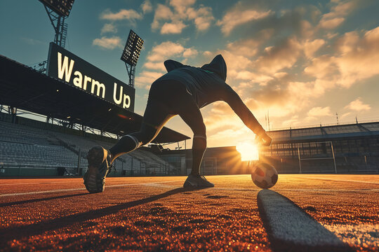 Warm-up concept image with a sportsman on his warmup in an empty stadium and sign with written words Warm Up
