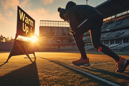 Warm-up concept image with a sportsman on his warmup in an empty stadium and sign with written words Warm Up