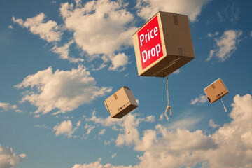 Price drop concept image with cardboard box dropping from the sky with written Price drop on it